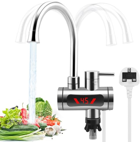 Electric Hot Water Tap, 220V 3.3KW Tankless Hot Tap, 360° Rotate Stainless Steel Instant Hot Water Tap with LED Display 30-55℃ for Kitchen Bathroom, Energy Saving & Safe Protection (Style 3)