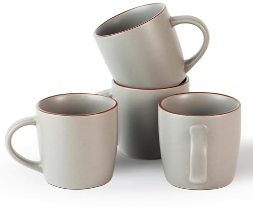 Richmount Mercury Coffee Mugs Set of 4, 13oz/370ml Stoneware Tea Cups with Large Handle and Burgundy Trim for Latte/Cappuccino/Milk/Cocoa/Tea, Microwave & Dishwasher Safe, Dark Grey