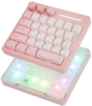 KiiBoom Cybrix 29 Rapid Fast Wired Gaming Keyboard, 8Khz Polling, Aluminum & Acrylic One Handed Keyboard, 3 Programmable Knobs, Magnetic Switch, Adjustable Actuation, RGB Backlits, FR4 Plate (Pink)