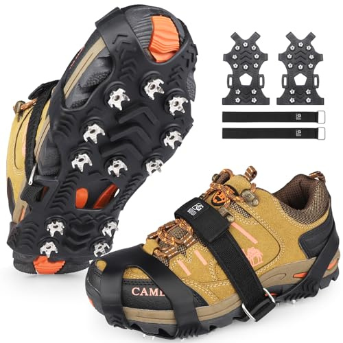 BOGI Crampons, Ice Cleats for Shoes and Boots with 12 Stainless Steel Spikes Non-Slip Ice Shoes Grippers Traction Cleats for Snow Ice, Winter Hiking, Walking, Fishing, Climbing for Women Men Kids