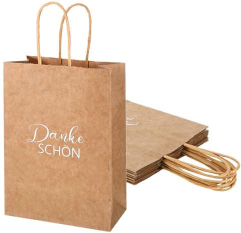 10 Stück Papiertüten Mit Henkel Geschenktüten Kraftpapier | Mit Aufdruck „Danke Schön“, kleine Dankeschön Tüten als Gastgeschenk für Hochzeit, Geburtstag und Party, ideal zum Befüllen