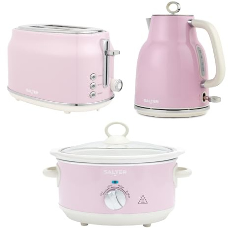 Salter Retro Pink Toaster, Kettle & Slow Cooker Set – 2-Slice Wide Slot Toaster with 6 Browning Levels, 1.7L 3KW Rapid Boil Kettle, 3.5L Electric Ceramic Cooking Pot with 3 Heat Settings | 2-Slice Wide Slots, 6 Browning Levels, 3kW Rapid Boil, 3.5L Pot, Keep Warm, Removable Crumb Tray, Limescale Filter