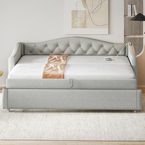 NNJN Polsterbett Ausziehbares Schlafsofa, 90 * 200 cm, Mit USB-Anschluss, Klassische Form mit Knöpfen mit Lattenrost, Multifunktionsbett - Gästebett, Leinenstoff(Matratze Nicht enthalten) (Grau)