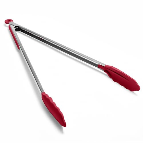 Doosu Pinza cocina silicona extralarga, calor hasta 315℃, 40cm, rojo | Pinzas punta goma alimentos calientes freidora air, barbacoa agarre antideslizante con bloqueo, utensilio asar, freír