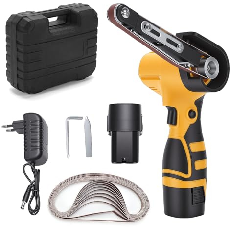 Weytoll Akku Bandschleifer 16,8 V, 7000 U/min, Mini-Bandschleifer mit 10 Aluminiumoxid-Schleifbändern, 2 x 1500-mAh-Akkus für Holz, Metall und Kunststoff