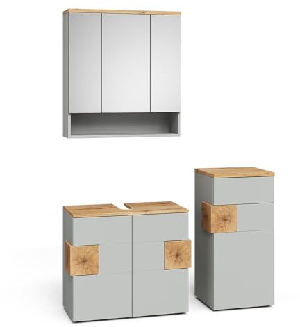 Vicco Set di mobili da bagno Eden, Grigio, 73 cm, composto da mobile sottolavabo, specchiera e mobile medio