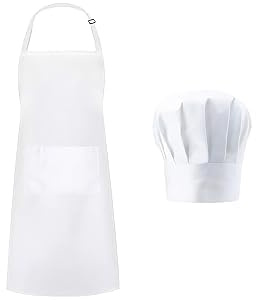 Nexaflow Delantal Blanco de Cocina Con Gorro de Cocinero Transpirable Set,disfraz cocinero adulto Impermeable y Anti-Grasa Ajustable Con Dos Bolsillos Para Cocina y Repostería