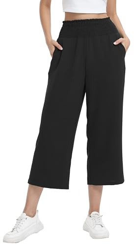 WUWUSKY Elastic High Waisted Palazzo Trousers 3/4 Length Wide Leg Lounge Capri Pants with Pockets S-2XL