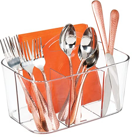 mDesign Plastic Cutlery Storage Organizer Caddy Bin Tote with Handle - Kitchen Cabinet Divided Pantry Basket for Forks, Knives, Spoons, Napkins, Indoor/Outdoor Use, Lumiere Collection, Clear