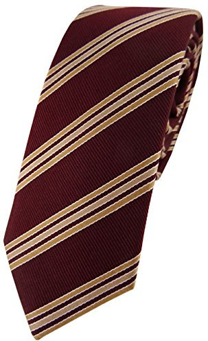TigerTie Schmale Seidenkrawatte Krawatte – Stilvolles Accessoire für Business & Feier – Rot Weinrot Gold Gestreift