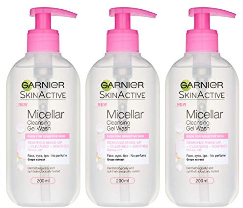 Garnier Micellar Gel Face Wash Sensitive Skin, Soothing Face and Eye Make-Up Remover and Cleanser 200 ml Pack of 3