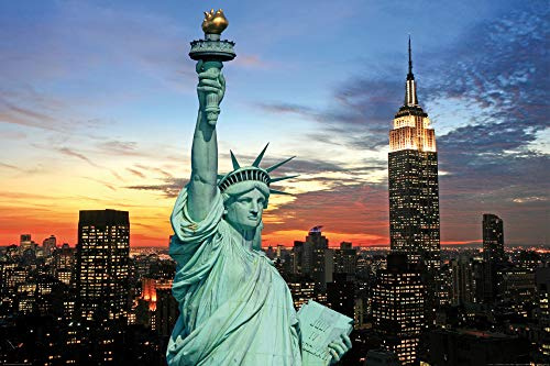 1art1 New York XXL Poster Freiheitsstatue Und Skyline Bei Sonnenuntergang Plakat | Bild 120x80 cm