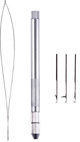 Herramientas de extensión de cabello, 3 agujas de gancho de tejer de diferentes tamaños + 1 soporte + 1 enhebrador de bucle de aguja de tracción de aluminio y kit de agujas (plateado)