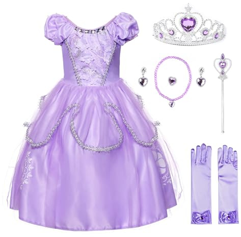 JerrisApparel Ragazze Costume Principessa Compleanno Festa Vestito (7 Anni, Lilla con Accessori)