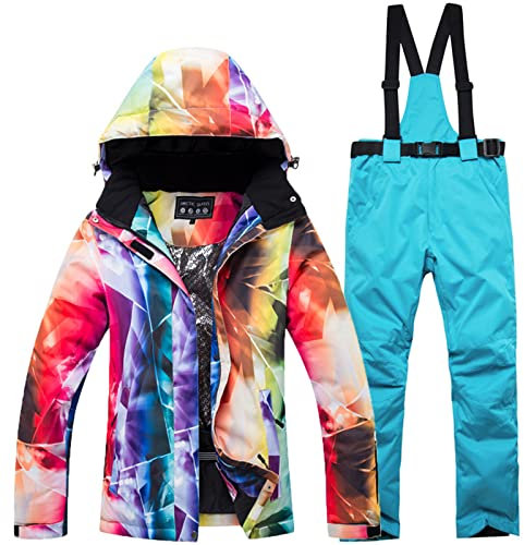 WYOUTOUTER Skianzug für Damen Winter Jacke und Skihose Farbiger Snowboard-Komplett-Anzug Jacke und Hose mit Trägern Wasserdichte Skijacke mit Kapuze Schneeanzug, Hellblau, XXL