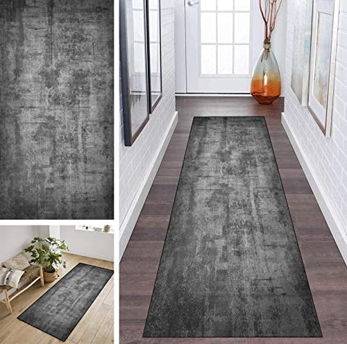Läufer Teppich Flur Dunkel Grau 90x450cm Korridor Modern rutschfest Designer, Küchenläufer TeppichLäufer Waschbar für Flur, Schlafzimmer, Wohnzimmer, Breite 40cm/ 50cm/ 60cm/ 70cm/ 80cm/ 90cm/ 100cm