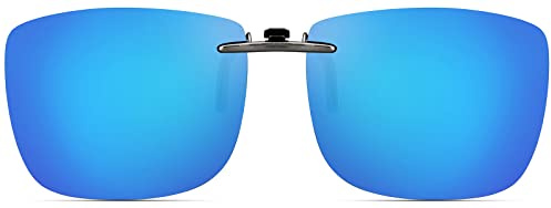 CAXMAN Polarized Clip On Sunglasses for Prescription Glasses Men & Women w/Blue Mirrored Lens Compact Fit Non Flip Up Extra Large