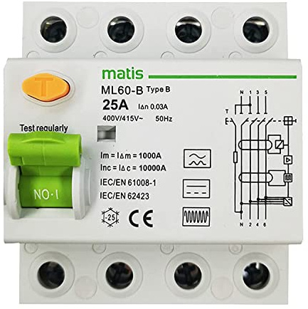 FI Schutzschalter TYP B 25A / 30mA, 4-Pol Allstromsensitiv Schalter Automat Sicherung