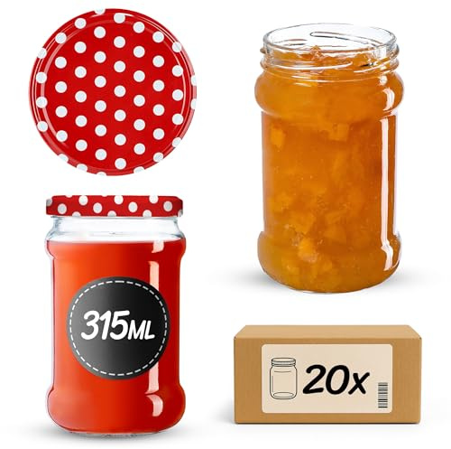 KADAX Små konserveringsburkar 315 ml, fi66, burkar för honung, syltburkar med lock, lufttäta glas, konserveringsglas, runda glas, syltburkar, honungsglas (20 stycken, röda prickar)