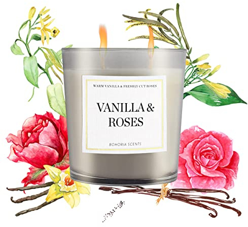 BOHORIA® Vela aromática de calidad prémium: contiene aceites naturales, vela perfumada en tarro (vainilla y rosas)