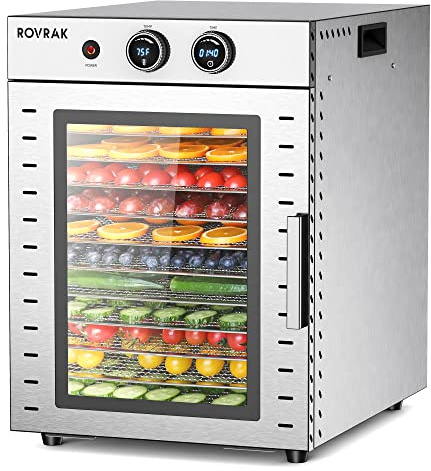 ROVRAk Deshidratador de alimentos para ceca, frutas, carne, hierbas, deshidratador de acero inoxidable de 12 bandejas, temporizador ajustable, control de temperatura, protección contra