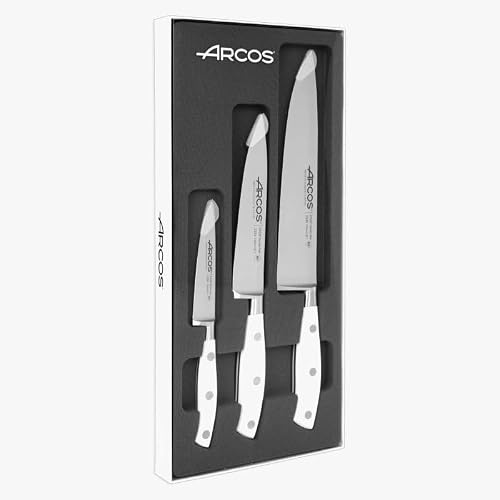 Arcos Riviera Blanc - Juego de Cuchillos de Cocina (Mondador + Santoku + Cuchillo de Chef) - Acero Inoxidable Forjado NITRUM - Mango POM - Color Blanco