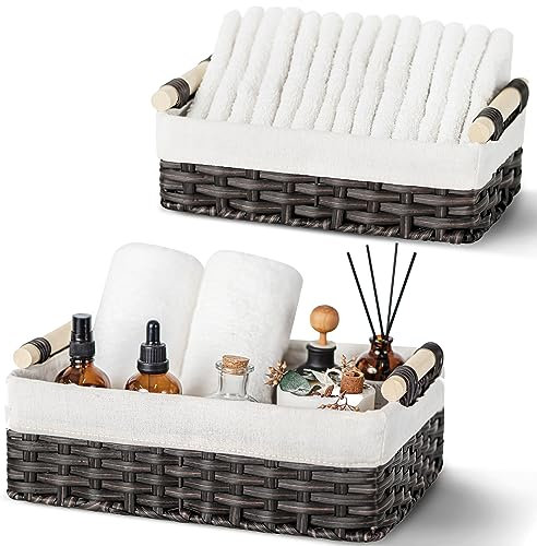 GRANNY SAYS Aufbewahrungskorb Geflochten, 2 Stück Körbe Badezimmer, Regalkörbe Handgewebt, Deko Körbe Wickeltisch für Regal, Wasserdicht Aufbewahrungskorb für Handtuch Klopapier Aufbewahrung - Braun