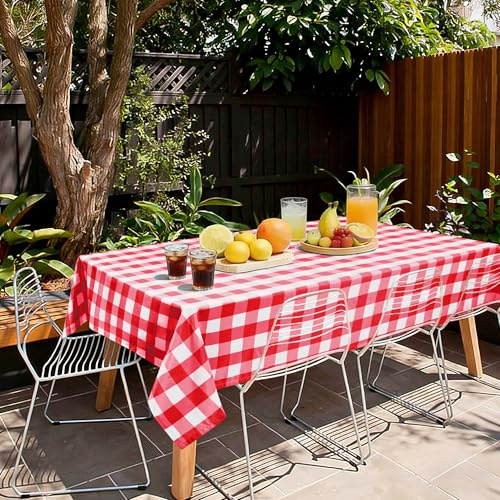 Hiasan Tischdecke Outdoor Wetterfest Karierte Abwaschbar, Rot und Weiß | 140x180cm, Tischdecken aus Polyester, Wachstischdecke Wasserabweisend, Tischtuch für Bierzeltgarnitur Esszimmer Party Garten