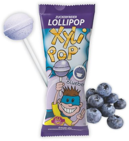 miradent XyliPOP® Lutscher Blaubeere| Bonboniere 25x 6g einzeln verpackt | zuckerfreier Lollipop mit Xylit gesüßt | zahnmineralisierend | fruchtiger Geschmack | vegan