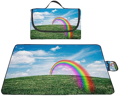 TengYuer Picknickdecke 180x200cm Stranddecke Wasserdicht Sandfrei Isoliert Faltbar Strandmatte mit Tragegriff Outdoor Campingdecke XXL für Camping Parks Strände Picknick Blauer Himmel Regenbogen