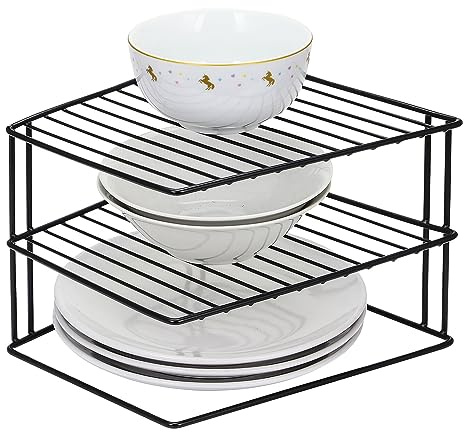 Taylor & Brown 3 Tier Corner Kitchen Plate Bowl Rack Stand Holder Tidy Cupboard Shelf Insert Storage Organiser, Space Saving, H19 x W25.5 x D25.5cm, Black