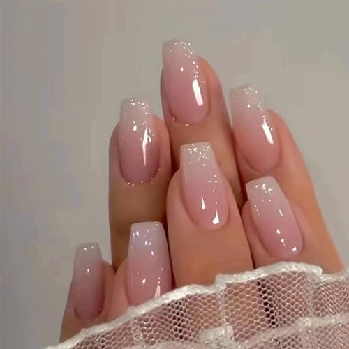 Angwis 24pcs Medium Coffin False Nails Nude Pink Ombre Stick on Nails Glitter Press on Nail Ballerina Design Removable Glue-on Acrylic Full Cover Fake Nail Art Accessories for Women