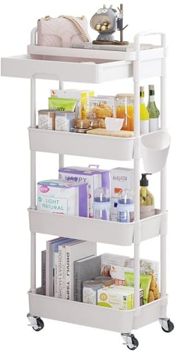 Wuciray 4 livelli Carrellino con Ruote portatutto Cucina Cassetto Carrellino Salvaspazio Carrello Portaoggetti con Ruote Carrello in Plastica Carrello con Ruote Portatutto Cucina Bagno Bianca