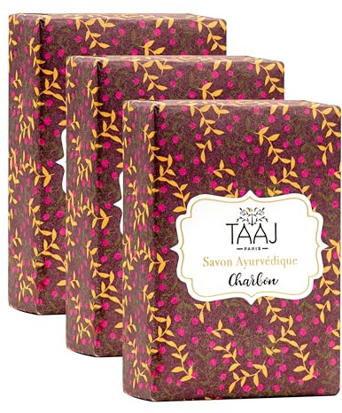 TAAJ | Ayurvedic Charcoal Soap | Cleanses the Skin of Toxins and Impurities | Maintains the Natural Balance of the Skin | Made in France | Vegan | Lot of 3x100GR