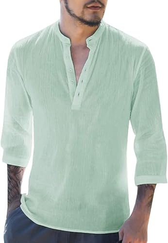 Runcati Camicia da uomo in lino, maniche a 3/4, vestibilità normale, per il tempo libero, casual, estiva, spiaggia, lino, verde chiaro, XXL