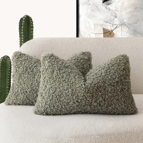 Foindtower Gelockten Teddywolle-Kissenbezüge, dekorativ, Bouclé, strukturiert, Lendenwirbelkissen, Kunstfell, Kissenbezüge, Schaffell, Sofa, Schlafzimmer, Auto, 2er-Set, 30,5 x 50,8 cm, Salbei Grün