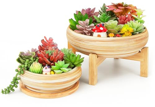 ARTKETTY Succulent Plant Pots - 7.3/10 Inch Large Plant Pots with Drainage Ceramic Bonsai Pots with Tray, Shallow Planters for Succulents Round Cactus Flower Plant Container Bowl