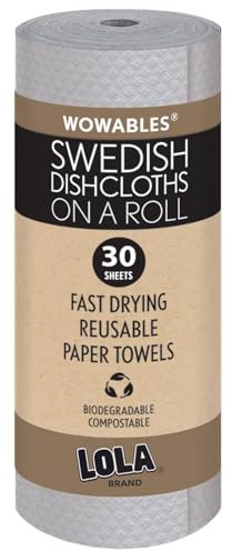 Swedish Dishcloths for Kitchen XL, 30 Sheet Roll, Biodegradable & Compostable, Reusable Paper Towel Cleaning Cloths, 11 x 10, No Odor, Washing Dishes, Ultra Absorbent Cellulose Sponge Towel, By LOLA