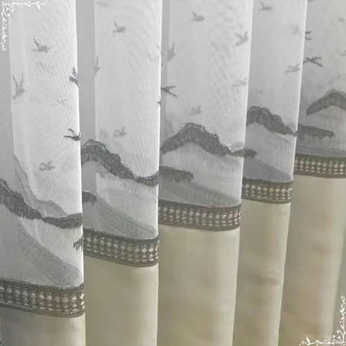 Gardinen für Schienensystem, Vorhänge Beige 2er Set mit Haken 86x214CM mit Vögel Motiv Nordisch Gardinenschals Halbtransparent für Wohnzimmer Schlafzimmer Küche