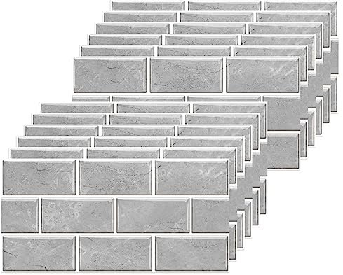 BUYBLIFE Grigio Adesivi per Piastrelle, 24 Pezzi Retro Piastrelle Adesive per Cucina 15x30cm PVC Autoadesiva Resistente al Calore Impermeabile Vinile Decorazione Della Casa per Bagno