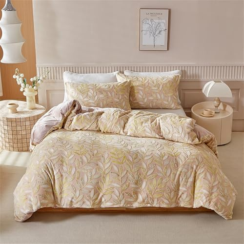 Funda nórdica de franela de 240 x 260 cm, color beige, con flor y hoja en 3D, de invierno, doble cara, gruesa y cálida, ropa de cama para 2 personas con 2 fundas de almohada con cremallera