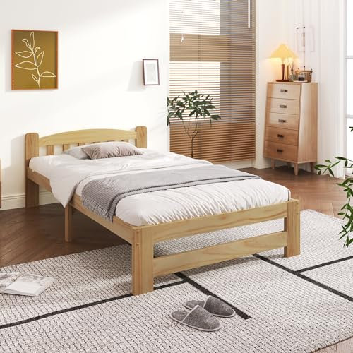 Solide Massivholzbett Futonbett, Einzelbett, Massivholz Natur Bett mit Kopfteil und Lattenroste, Jugendbett, Erwachsenenbett, Natur, 90x200 cm