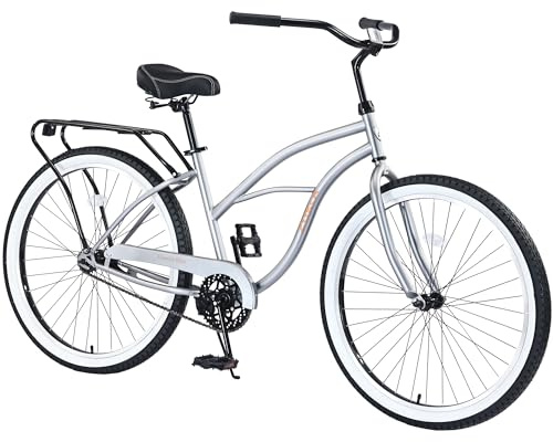 GRELiving 26 Inch Beach Cruiser Bike Single-Speed Men's Commuter Bicycle for Adult Men and Women,Comfortable City Bikes with Front & Rear Fenders,High-Carbon Steel,Multiple Colors (Silver)