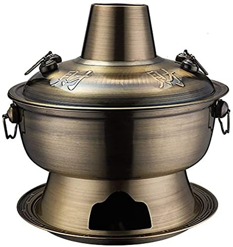 fondue， Olla caliente tradicional china, olla caliente mongol, olla caliente de cobre puro, plato de frotamiento de acero inoxidable 304, frotamiento mongol(Bronze)