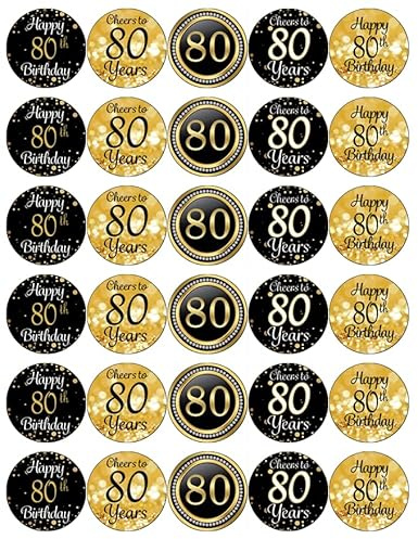 30 80th Birthday Black And Gold Pre Cut Cupcake Toppers Premium Edible Wafer Paper Fairy Cake Toppers Birthday Celebration Cakes Decorations Party NO CUTTING REQUIRED