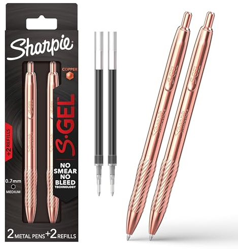 Sharpie S-Gel Pens, Copper Metal Body, Medium Point (0.7mm), Black Gel Ink, Includes 2 Pens and 2 Additional Ink Refills