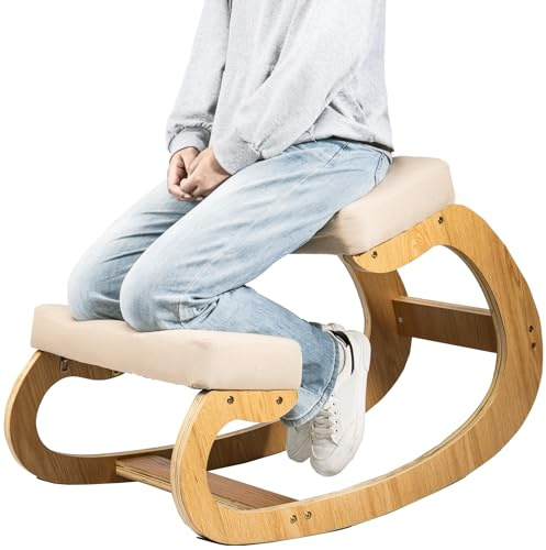 CROWNSHOP Kneeling Chair with Rocking Feature – Ergonomic Orthopedic Posture Stool for Back & Neck Pain Relief, Thick Cushioned Seat for Home, Office & Meditation, Wooden Oak