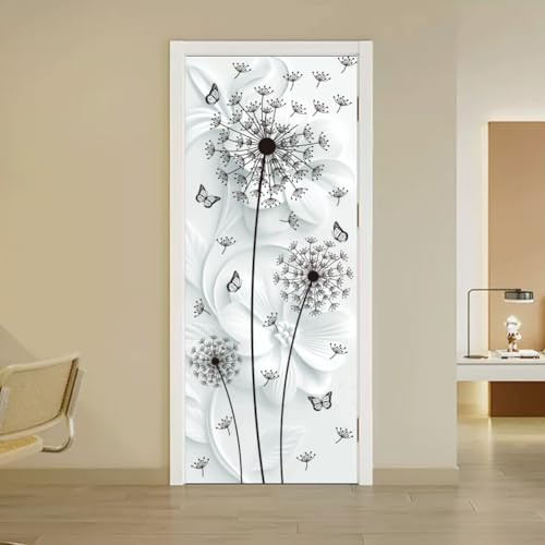 arricraft 2 Blatt Selbstklebender Türaufkleber Mit Schwarzen Löwenzahnblüten 80cm X 200cm /31.5x78.7 Zoll Blumen Schmetterlinge Tür Wandbilder Aufkleber PVC Abnehmbare Tapeten Dekoration