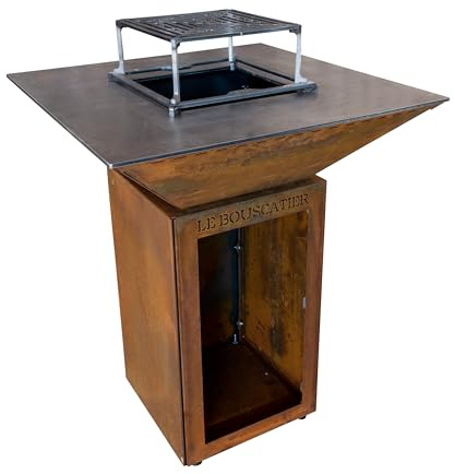 Brasero Plancha en Acier Corten – Barbecue Exterieur avec Rangement Bûches – Design Jardin Terrasse – Modèle Lou Bouscarian – Grille de Cuisson et Stop Food Inclus - kit allumage Offert