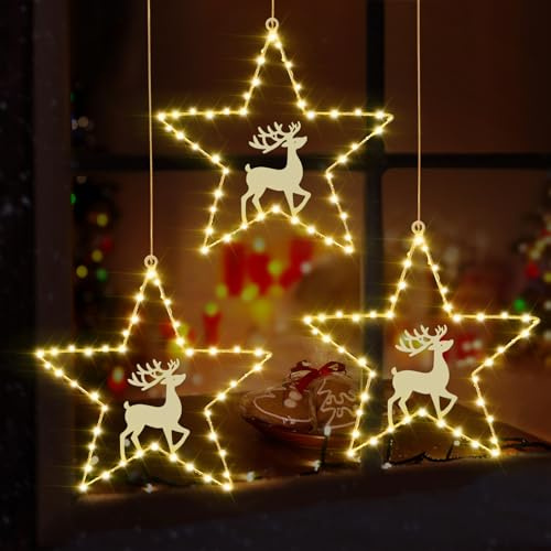 Therlan Guirnalda de luces con estrellas iluminadas, 3 unidades, 45 ledes, funciona con pilas, iluminación navideña para ventana, decoración de ventanas con temporizador, luces navideñas, renos
